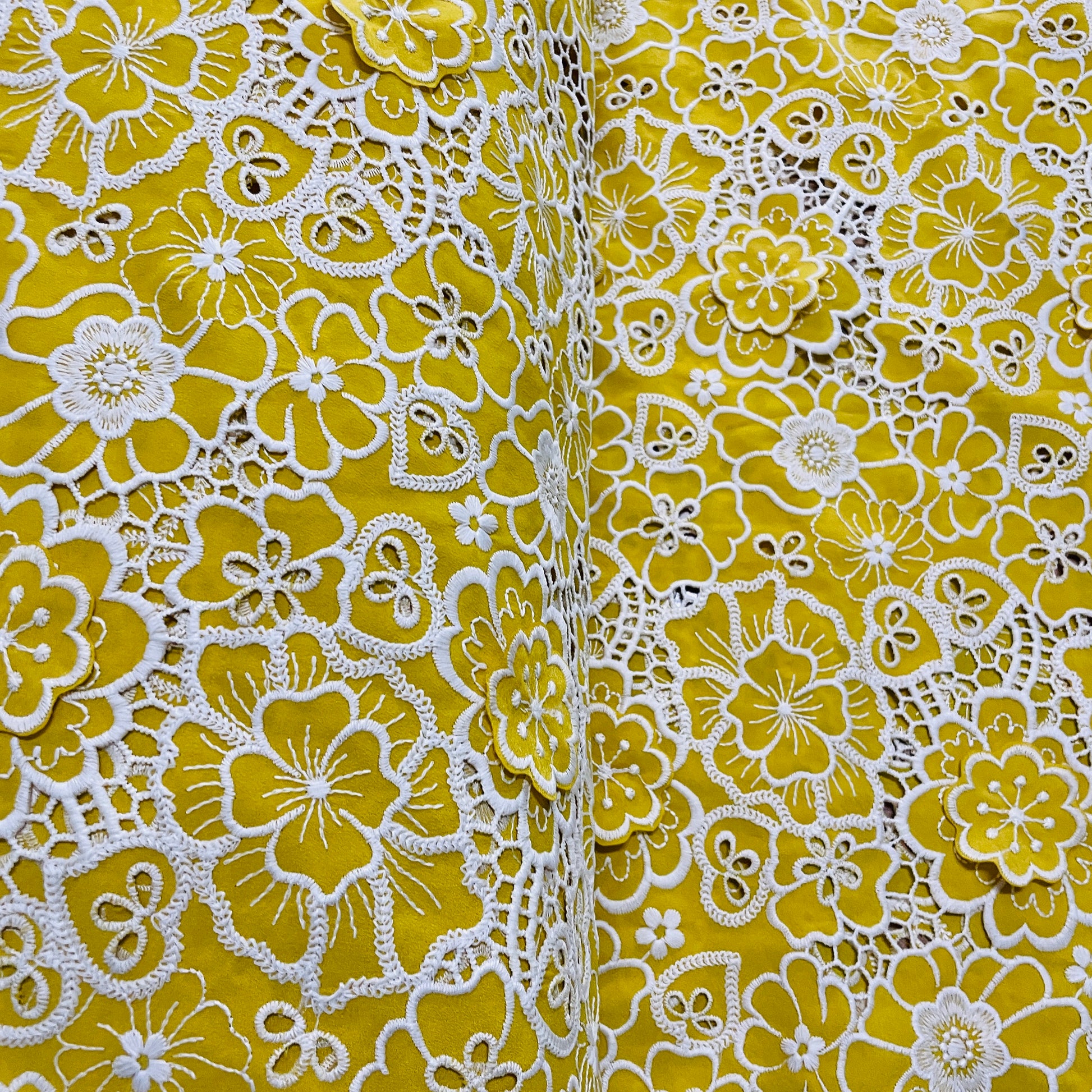 Premium Mustard Yellow White 3D Embroidery Schiffli Crepe Fabric
