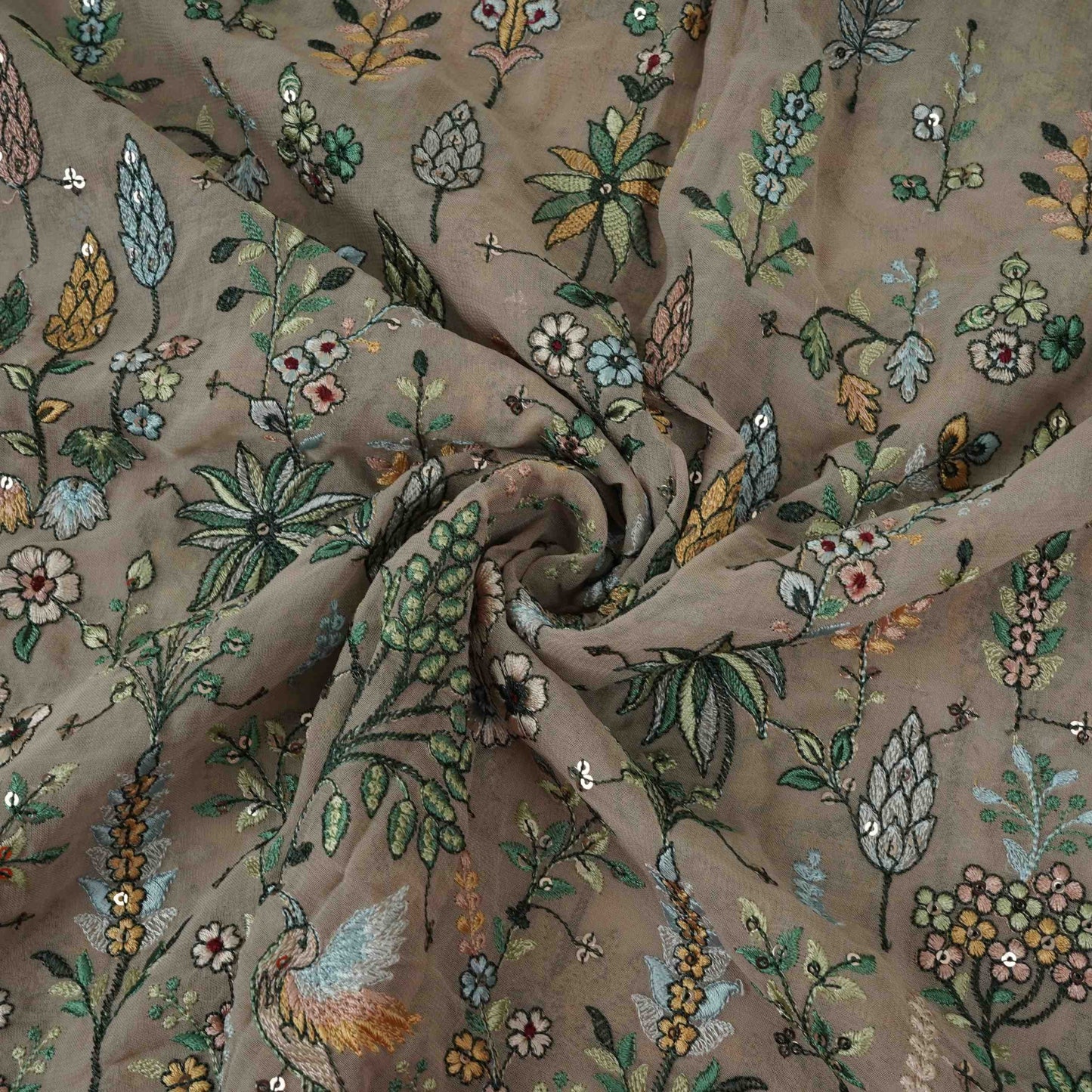 Greige Thread Embroidery Georgette Fabric DR-32383