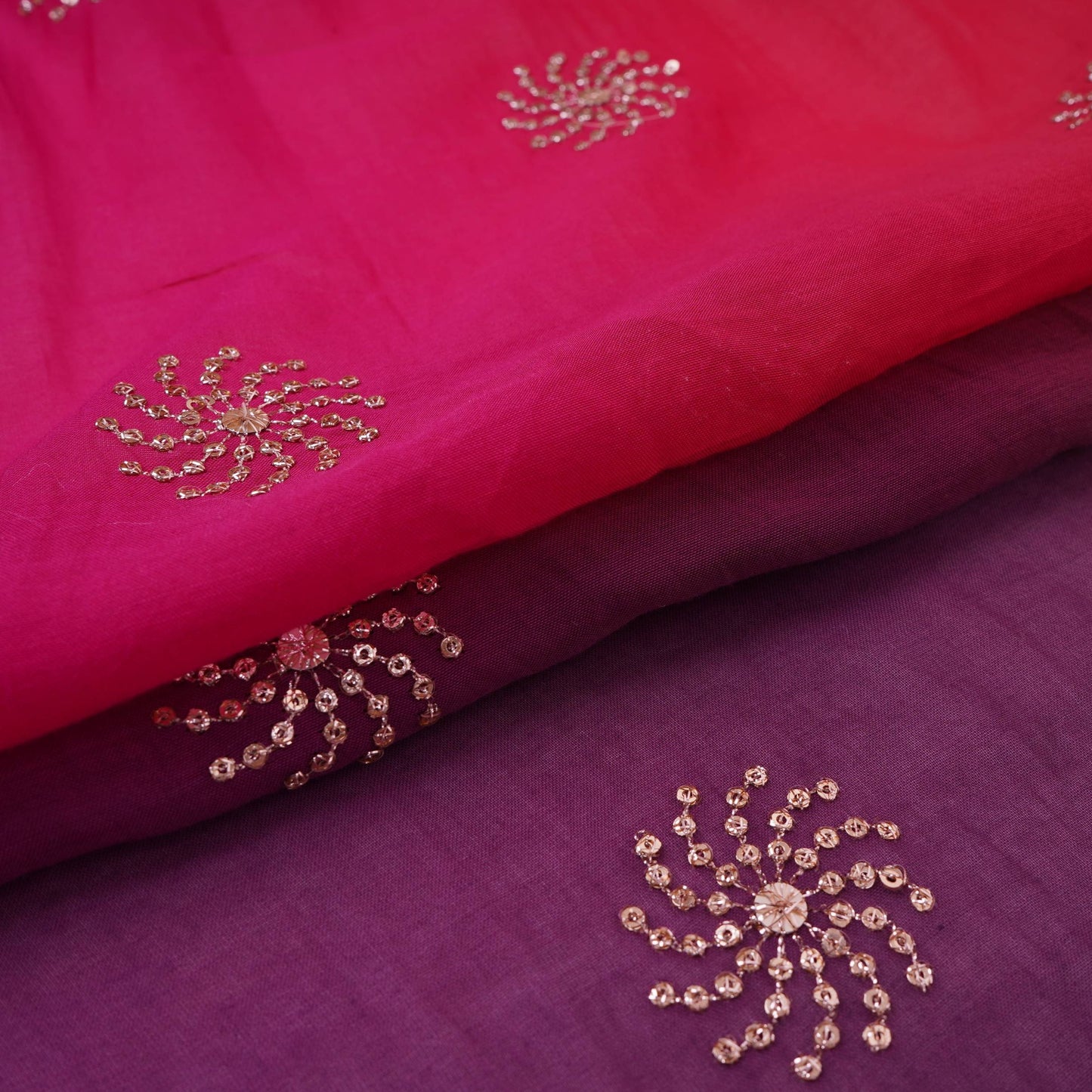 Pink With Purple 4D Sequins Embroidery Malai Chanderi Fabric VF-32317