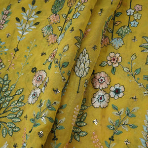 Yellow Thread Embroidery Georgette Fabric DR-32380 - TradeUNO