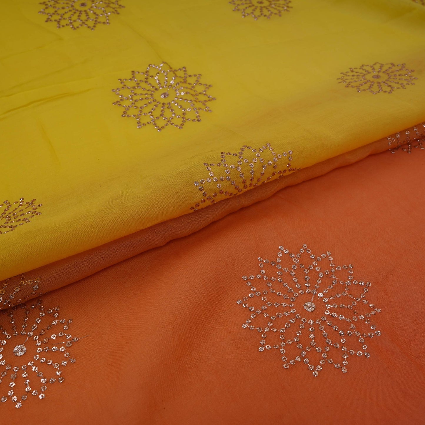 Yellow With Orange 4D Floral Sequins Embroidery Malai Chanderi Fabric VF-32312