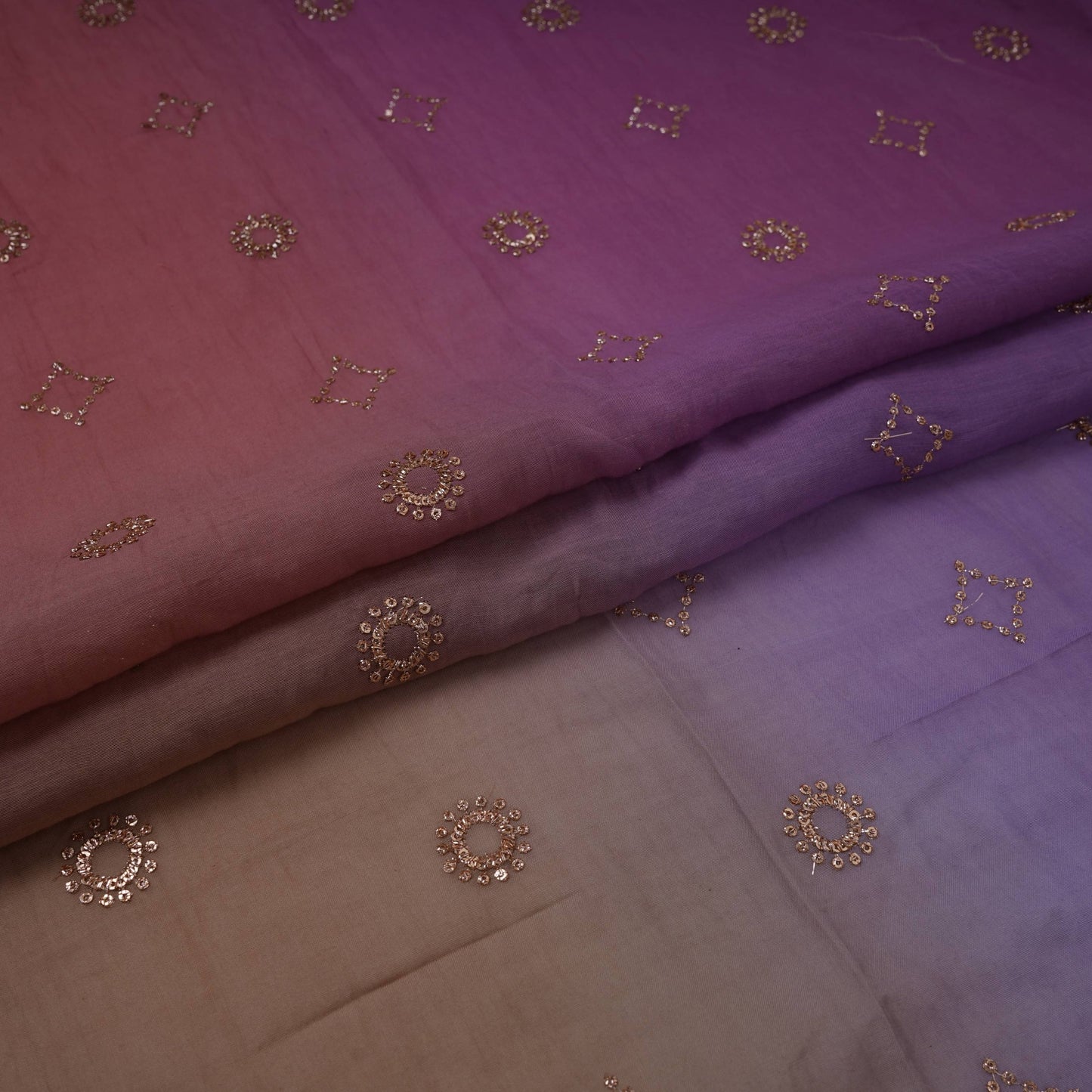 Lavender With Green 4D Geometrical Sequins Embroidery Malai Chanderi Fabric VF-32323