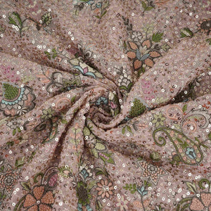 Peach Kashmiri Paisley Embroidery Georgette Fabric DR-32374 - TradeUNO