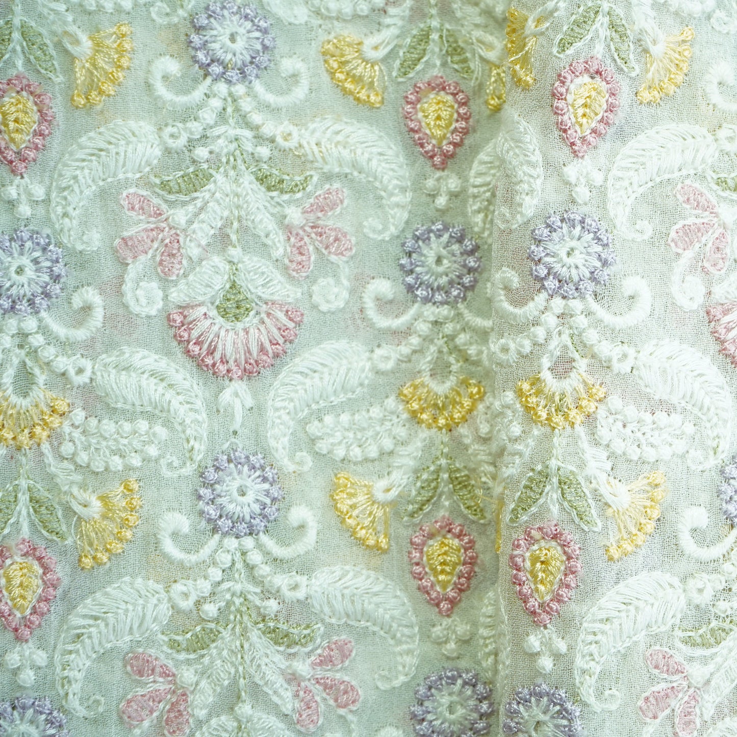 White Multicolor Thread Embroidery Dyeable Georgette Fabric
