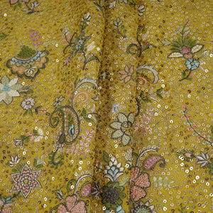 Yellow Kashmiri Paisley Embroidery Georgette Fabric DR-32373 - TradeUNO