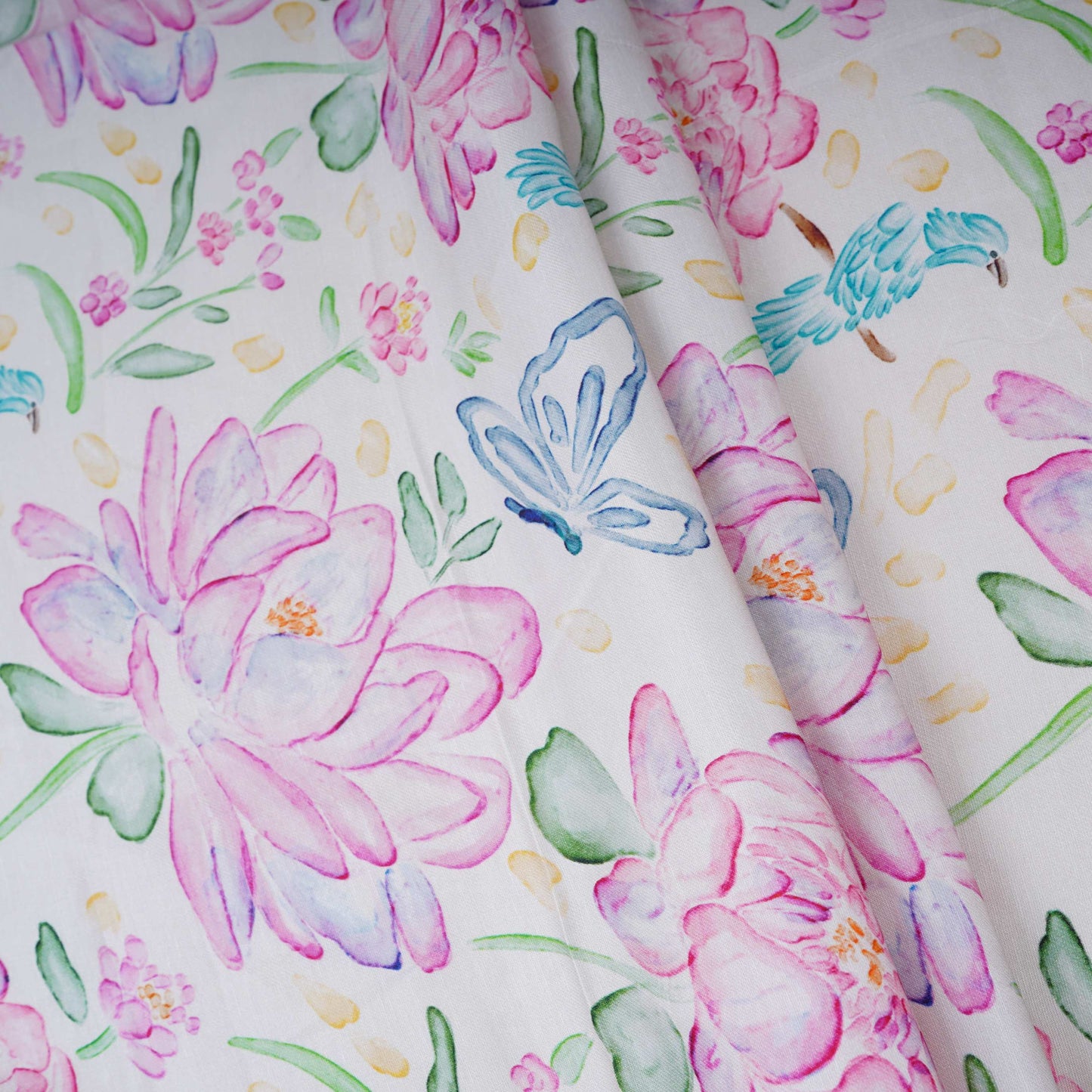 Off White Floral Print Satin Linen Fabric MT-30987