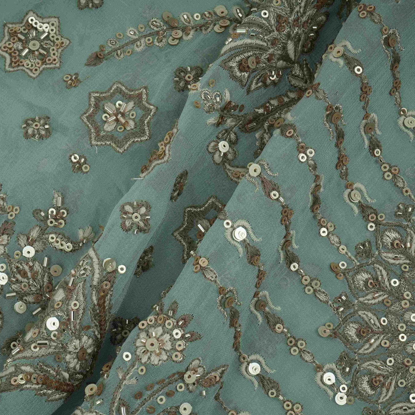 Light Grey Mughal Bird & Floral Jaal Embroidery Georgette Fabric DR-32395
