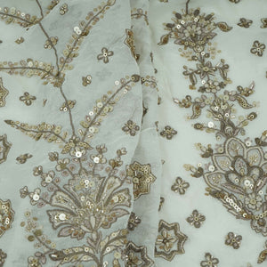 Off White Mughal Bird & Floral Jaal Embroidery Georgette Fabric DR-32393 - TradeUNO