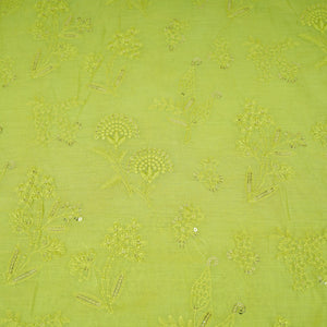 Light Green Floral Embroidery Mul Chanderi Fabric DC-30346 - TradeUNO