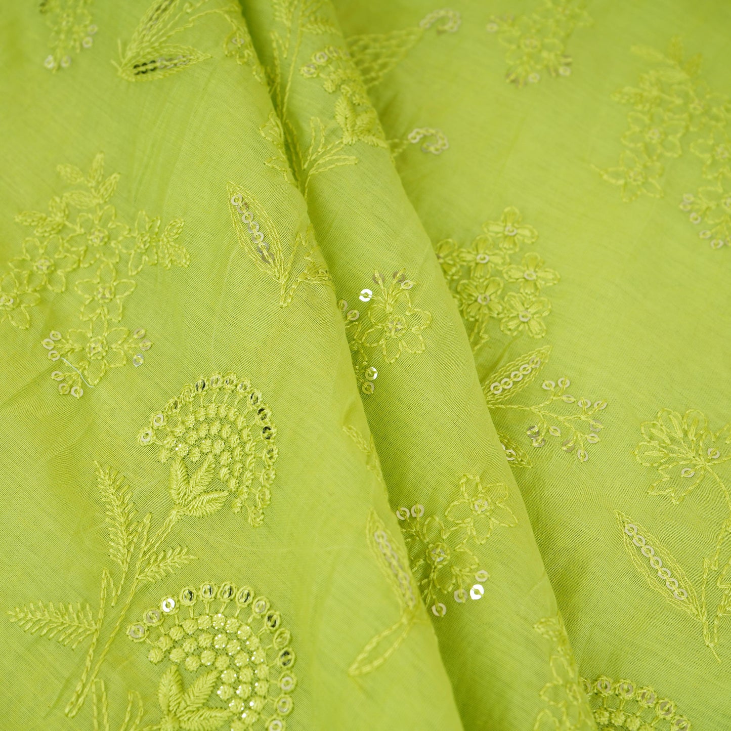 Light Green Floral Embroidery Mul Chanderi Fabric DC-30346