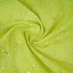 Light Green Floral Embroidery Mul Chanderi Fabric DC-30346 - TradeUNO