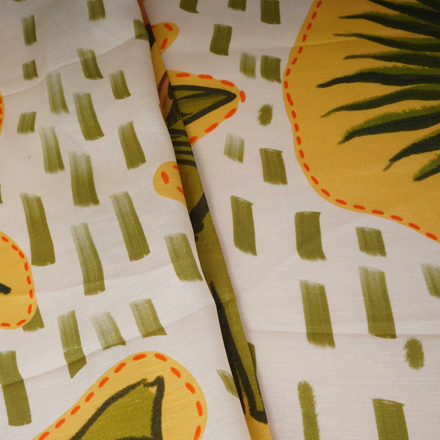 Cream Abstract Print Satin Linen Fabric MT-30989