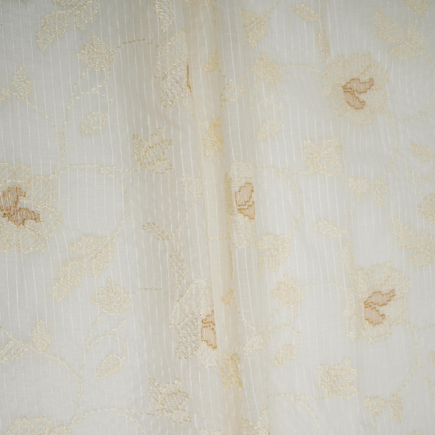 Off White Stripes with floral thread embroidery Mul Chanderi Fabric ACF-32084