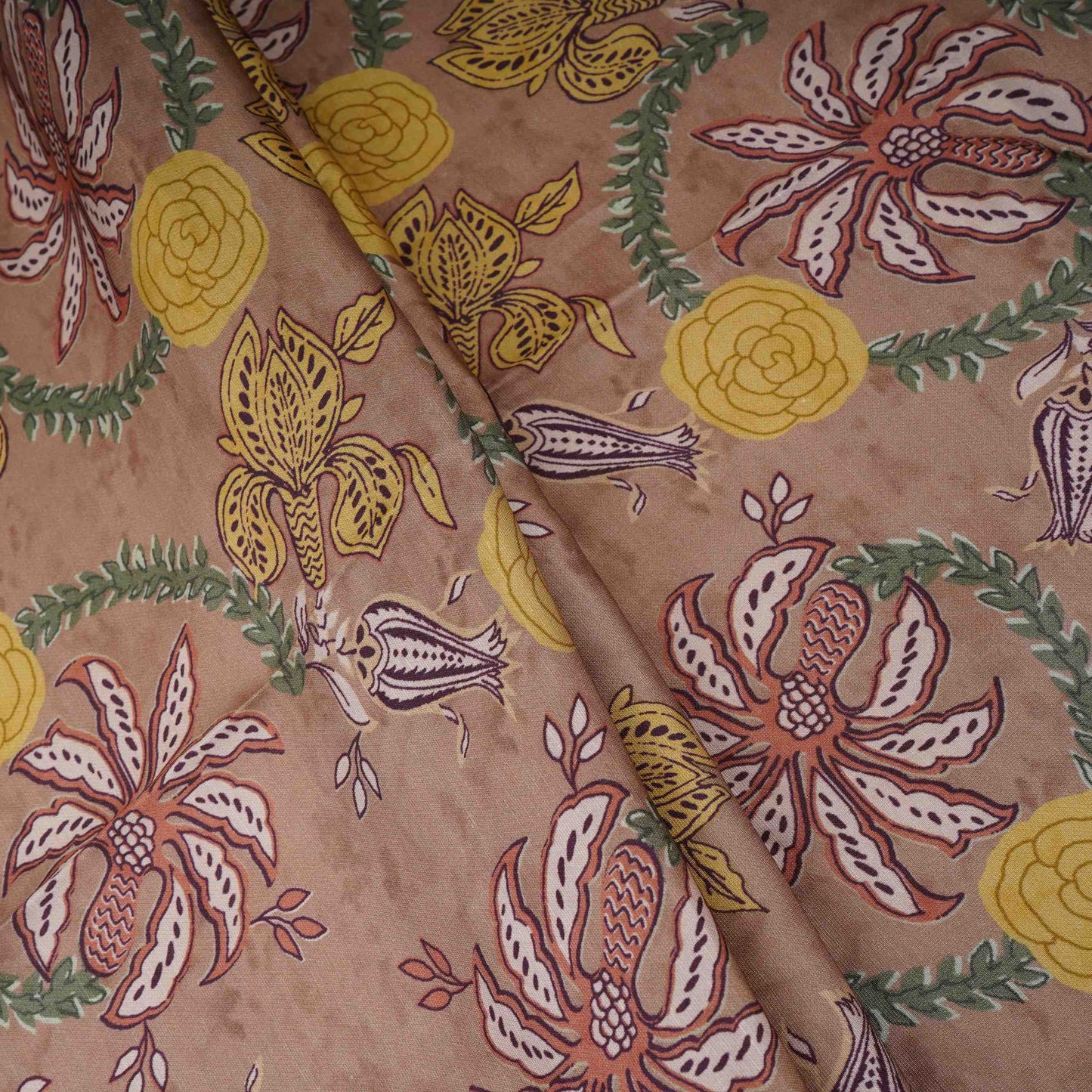 Brown Floral Print Satin Linen Fabric MT-30991