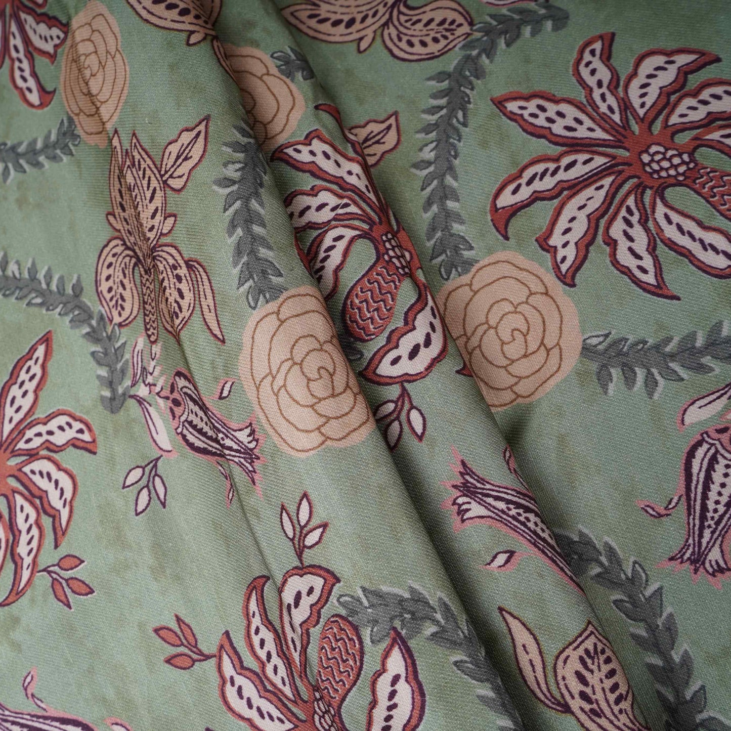 Sage Green Floral Print Satin Linen Fabric MT-30986