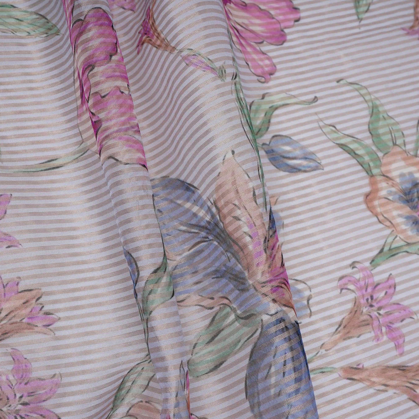 Grey floral with stripes print Organza Fabric VP-32013