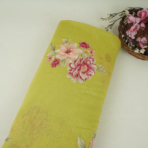 Lime Green Floral Thread Embroidery Malai Chanderi Fabric SNTF-32430 - TradeUNO