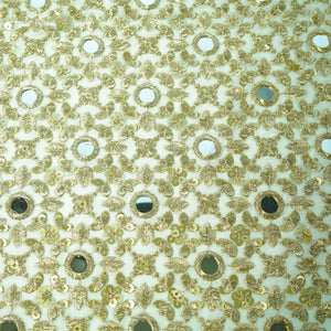White & Golden Zari With Mirror Work Sequence Emboidery Georgette Fabric