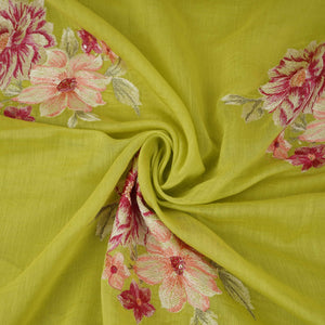 Lime Green Floral Thread Embroidery Malai Chanderi Fabric SNTF-32430 - TradeUNO