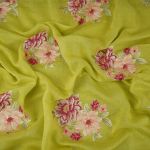 Lime Green Floral Thread Embroidery Malai Chanderi Fabric SNTF-32430 - TradeUNO