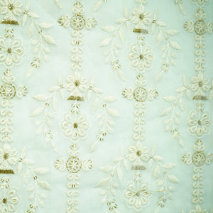 White Floral Gold Zari Sequence Thread Embroidery Dyeable Georgette Fabric