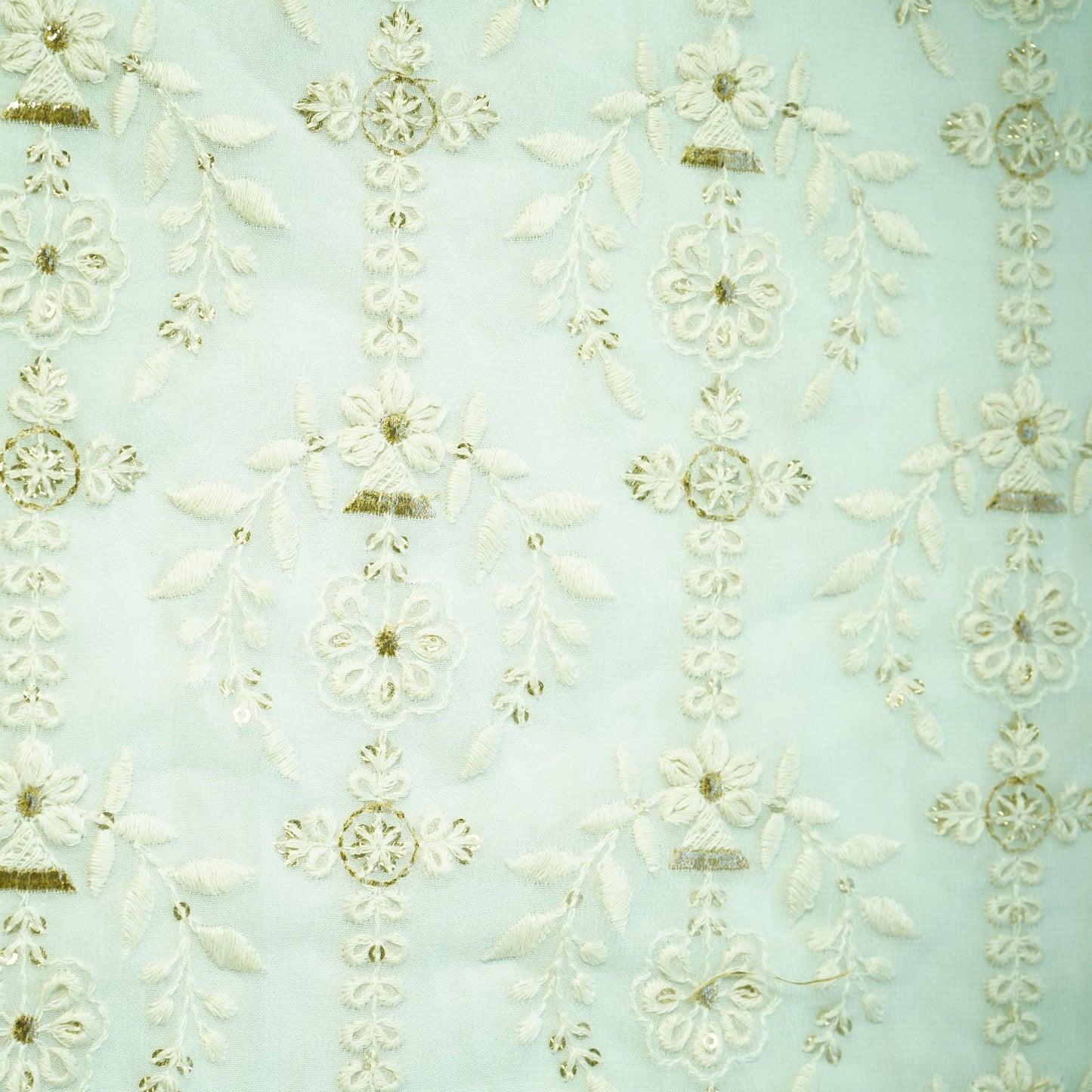 White Floral Gold Zari Sequence Thread Embroidery Dyeable Georgette Fabric
