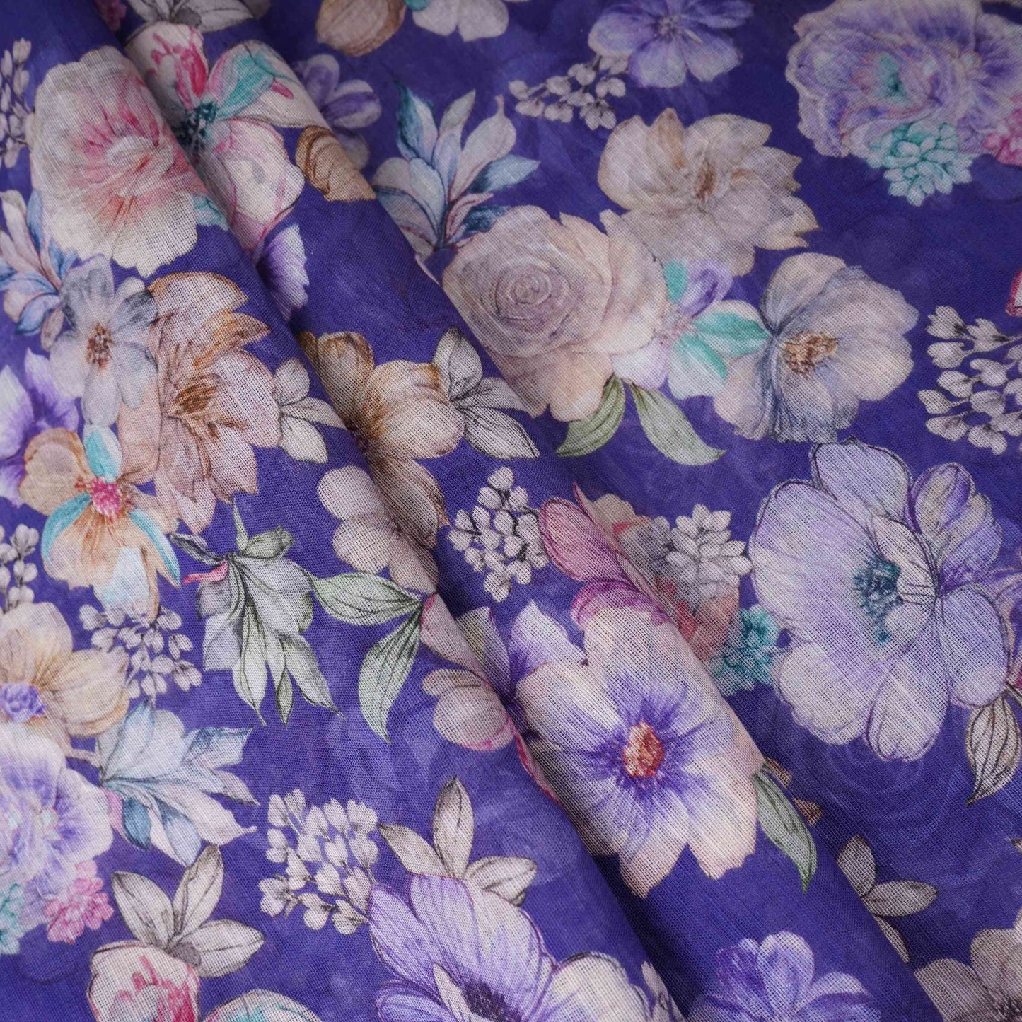 Royal Blue Floral Print Cotton Linen Fabric RT-30918