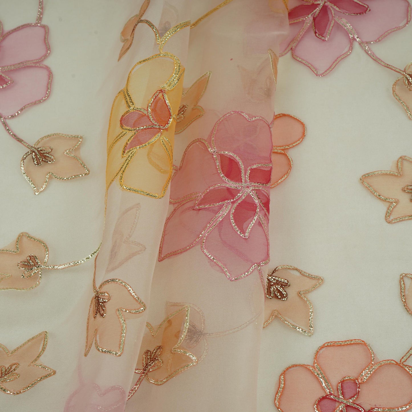 Cream Applique Work Organza Fabric SGS-32112