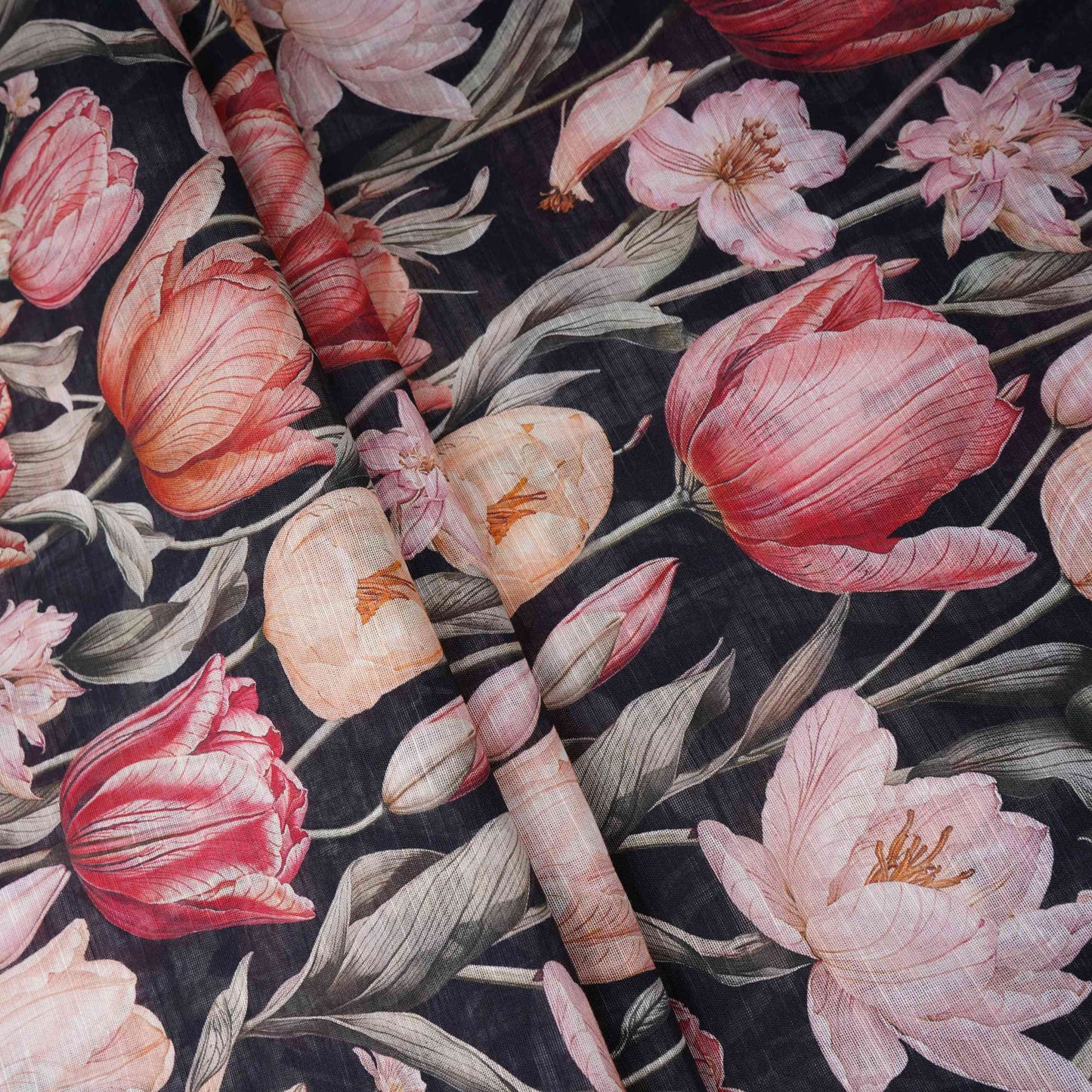 Black Floral Print Cotton Linen Fabric RT-30916