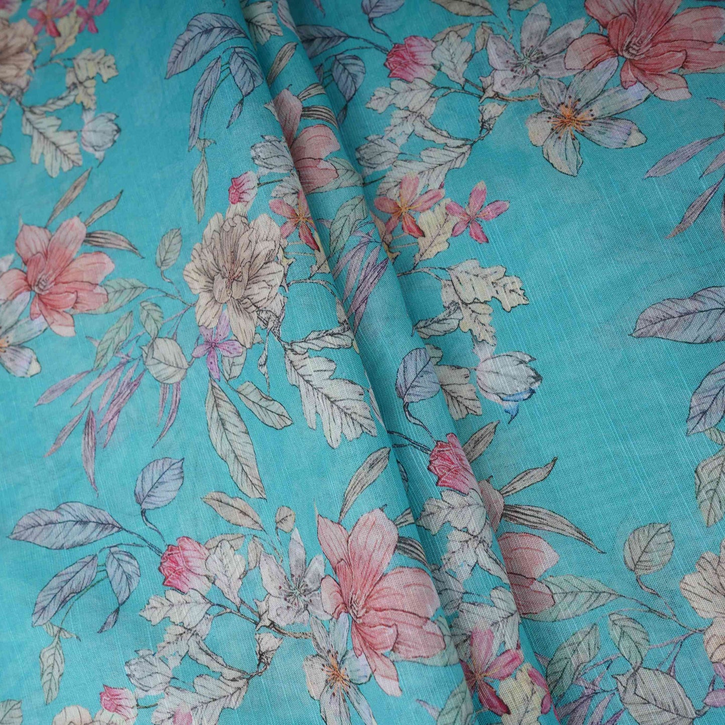 Turquoise Blue Floral Print Cotton Linen Fabric RT-30909