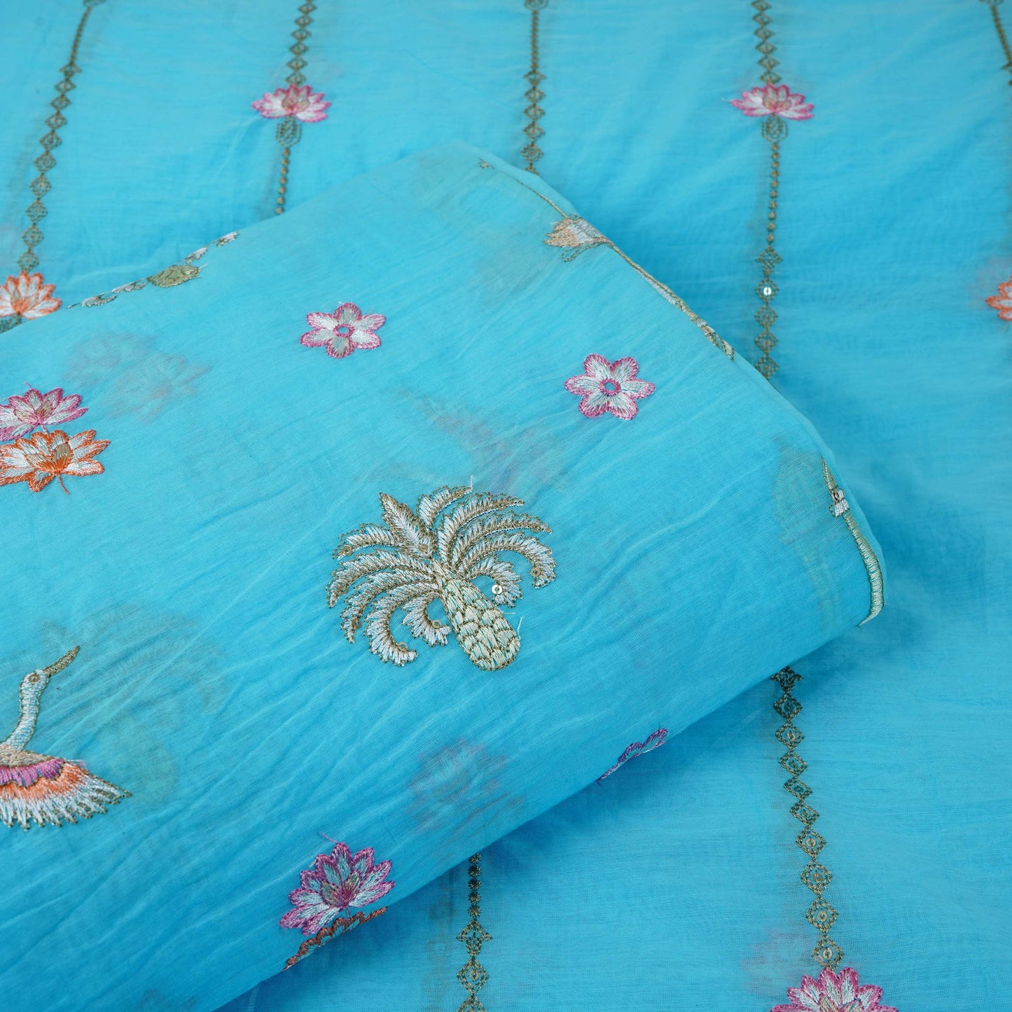 Sky Blue Temple Embroidery Chanderi Fabric DC-30566