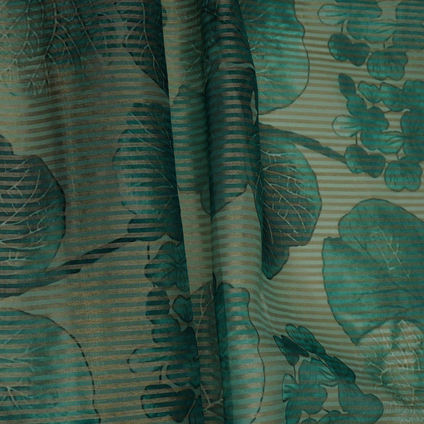 Teal Blue floral with stripes print Organza Fabric VP-32010