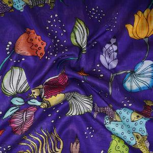 Royal Blue Kalamkari Print Pure 70gm Chanderi Fabric VF-30895 - TradeUNO