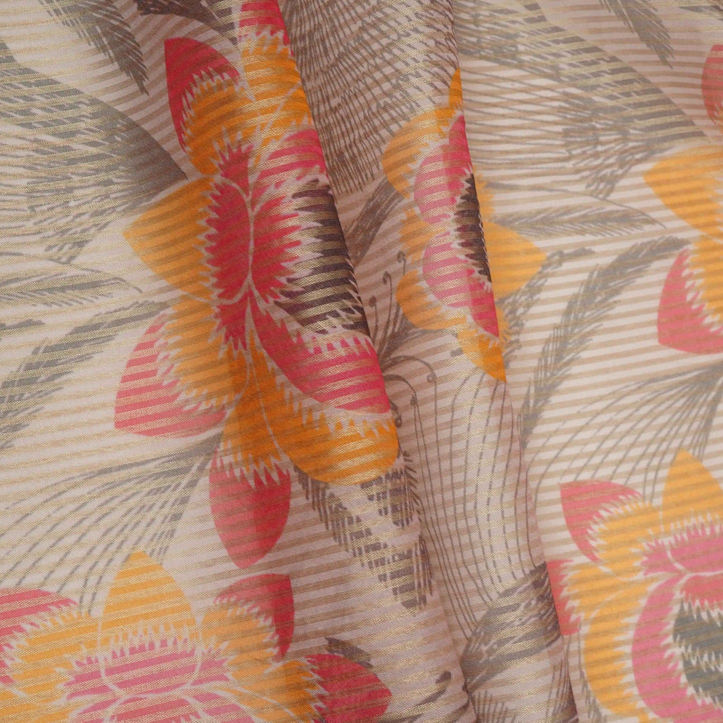 Grey floral with stripes print Organza Fabric VP-32009