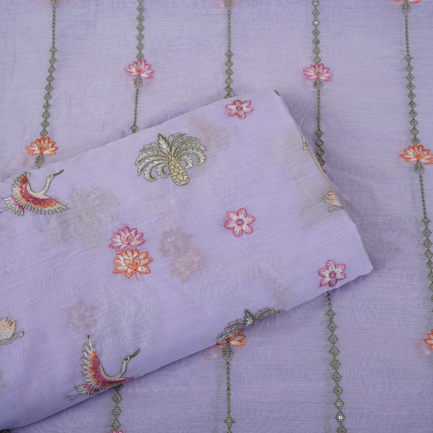 Lavender Stripes Floral Embroidery Chanderi Fabric DC-30565