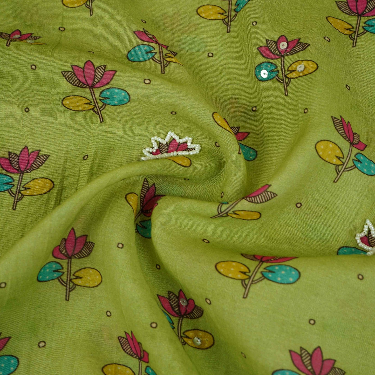 Light Green Floral hand embroidery Mul Chanderi Fabric VF-30641
