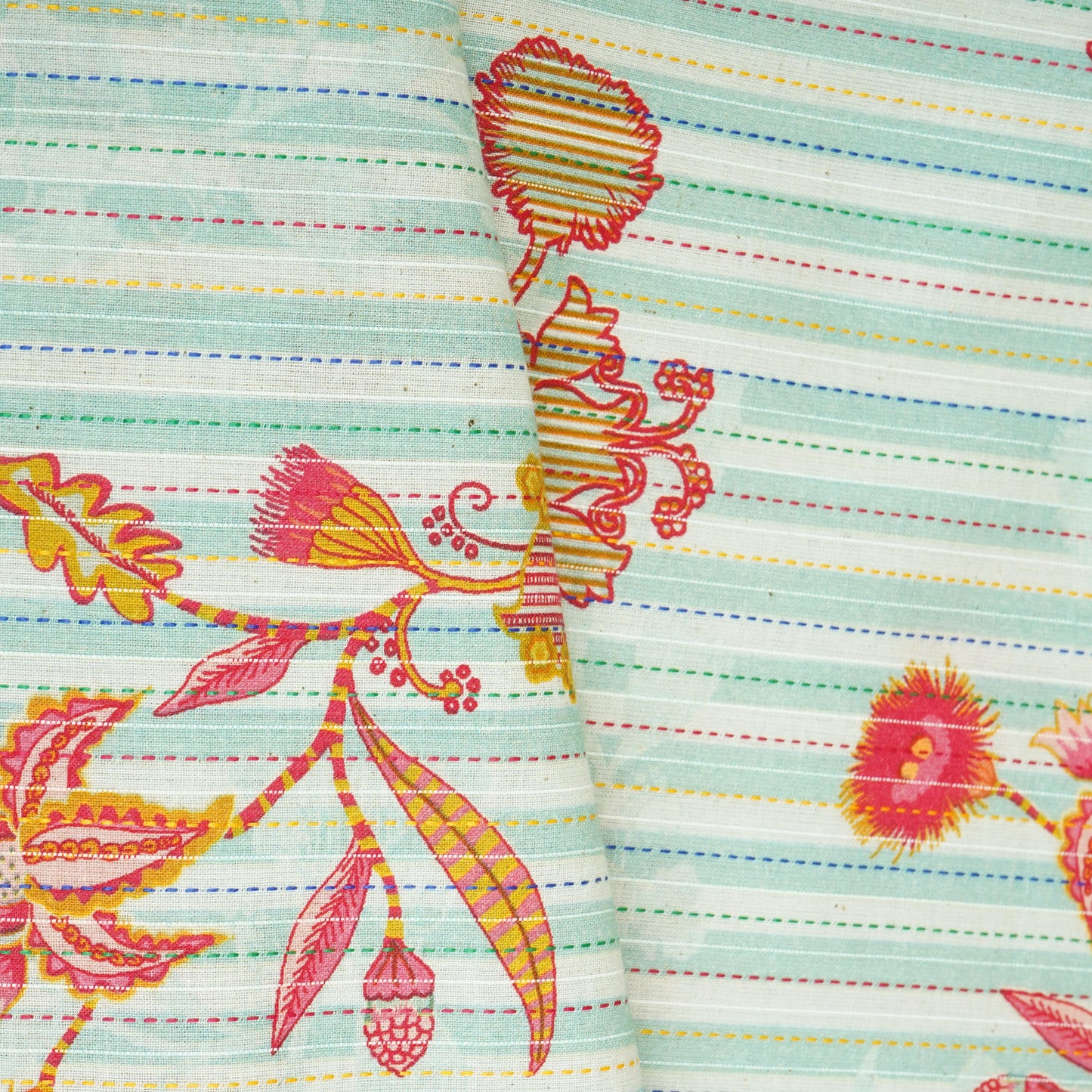 Mint Green Stripes Floral Print Kantha Cotton Fabric MT-29380