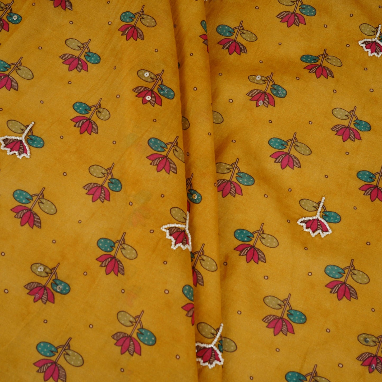 Yellow Floral hand embroidery Cutdana Mul Chanderi Fabric VF-30642