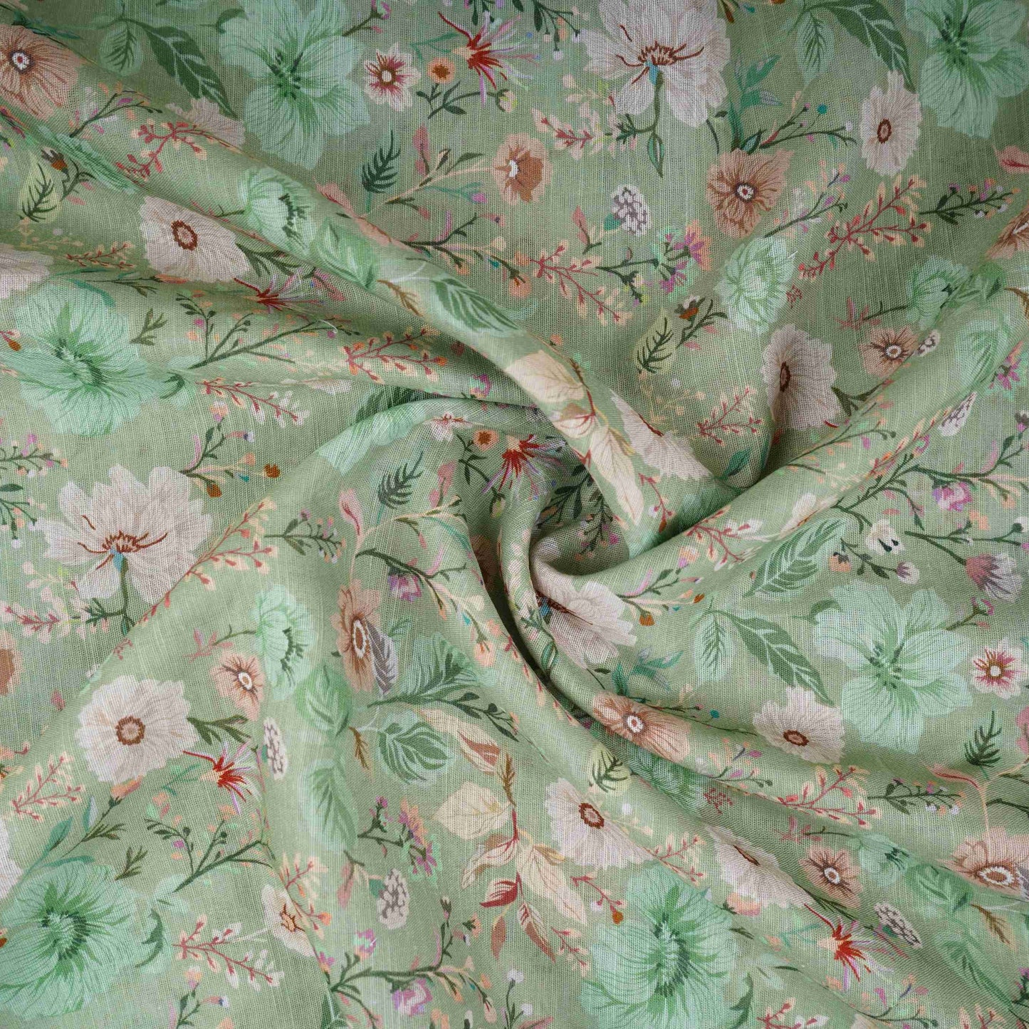 Sage Green Floral Print Cotton Linen Fabric RT-30908