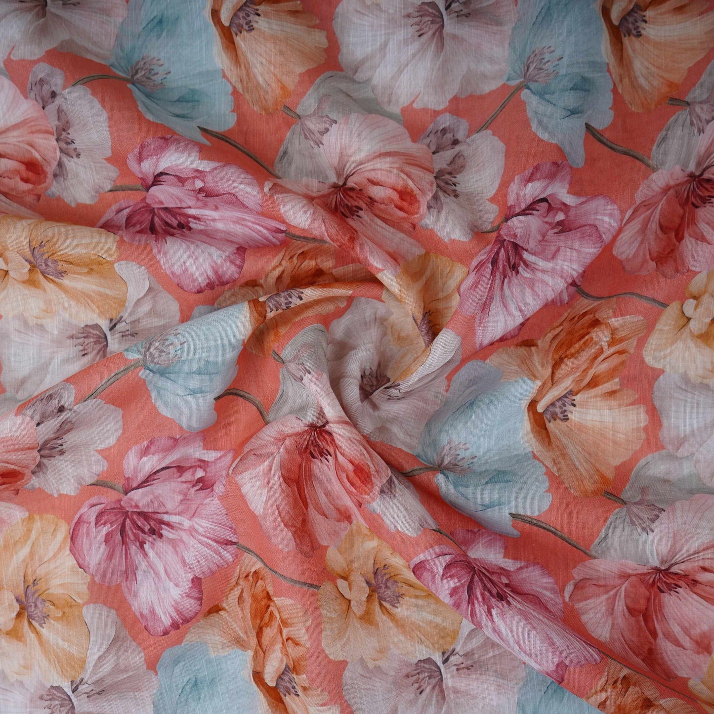 Salmon Pink Floral Print Cotton Linen Fabric RT-30906