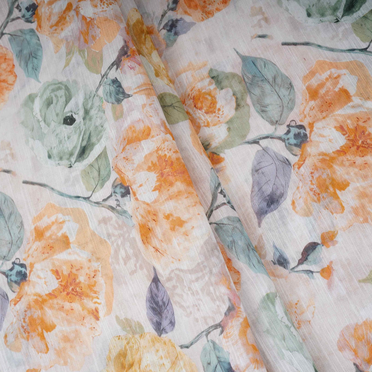 Off White Floral Print Cotton Linen Fabric RT-30903