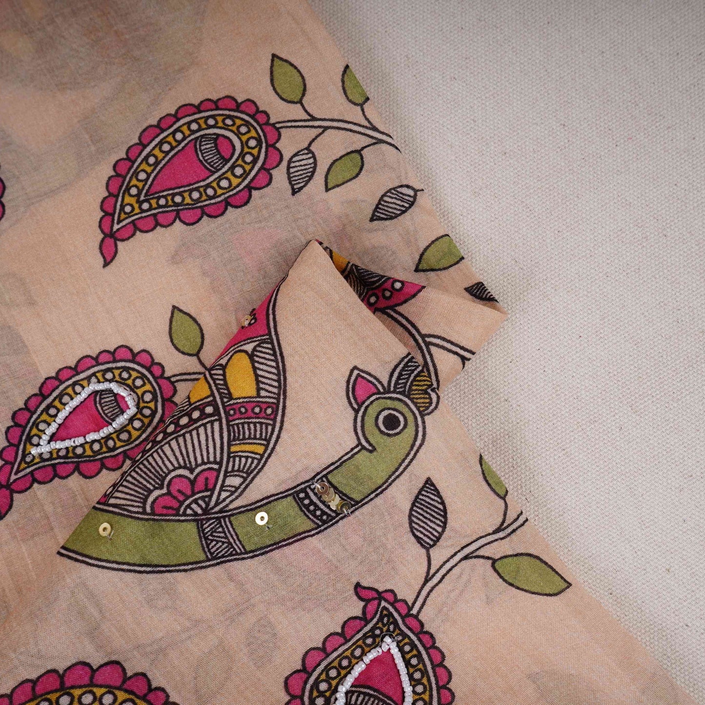 Beige Pen Kalamkari With Hand Embroidery Mul Chanderi Fabric VF-30665