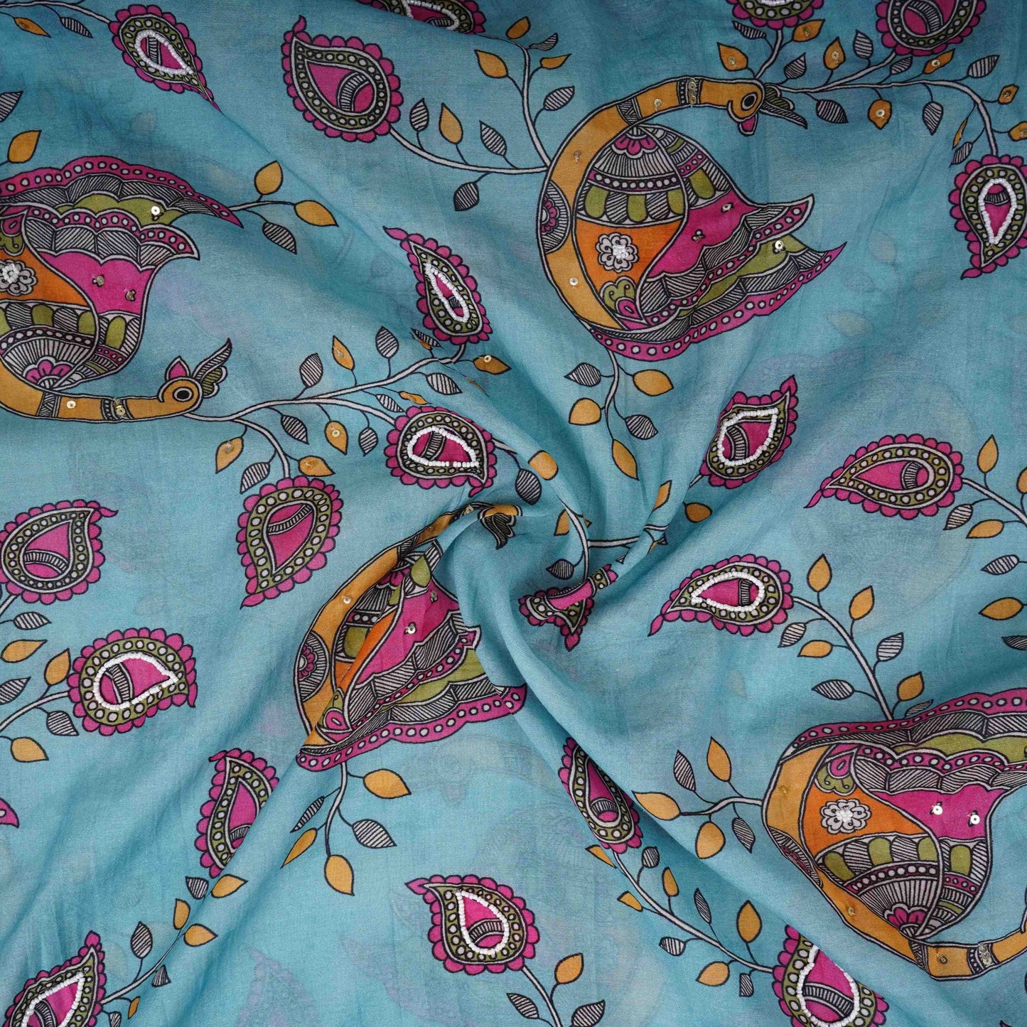 Turquoise Blue Pen Kalamkari With Hand Embroidery Mul Chanderi Fabric VF-30666