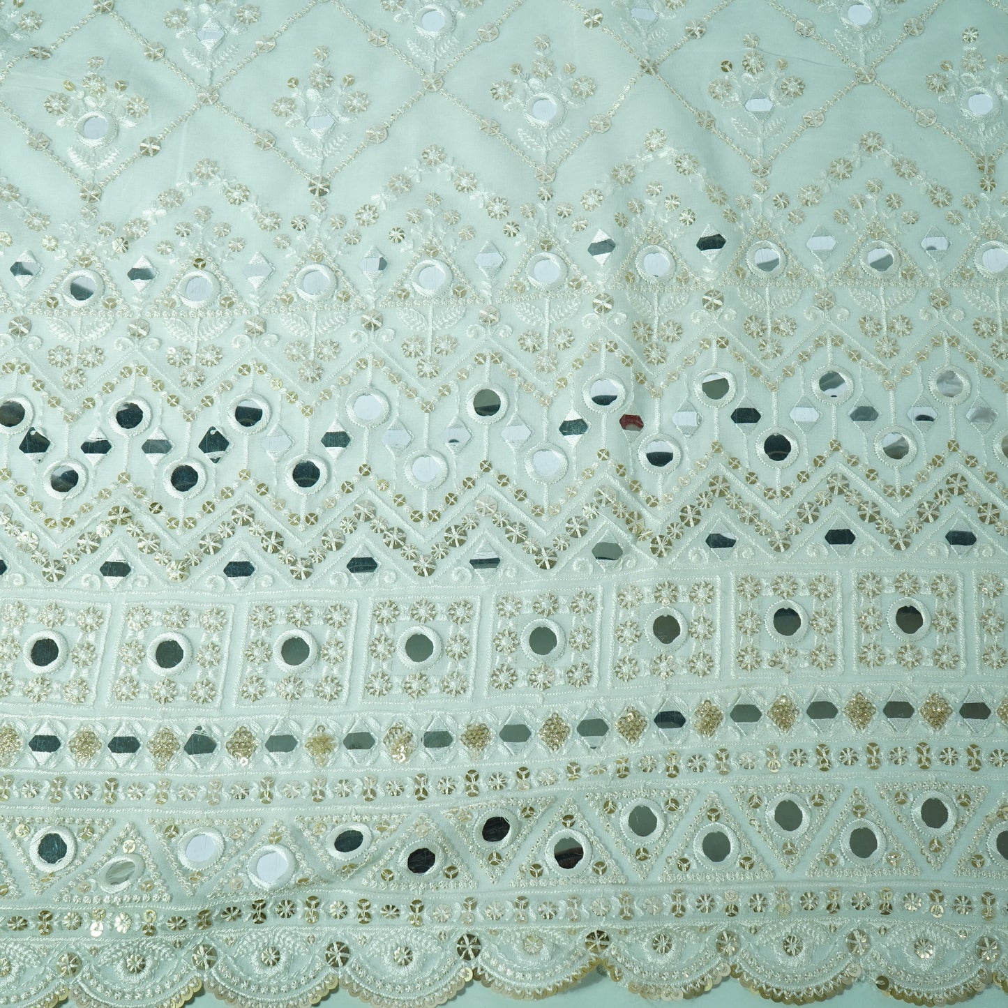 White Geometrical Sequins Embroidery Georgette Dyeable Fabric