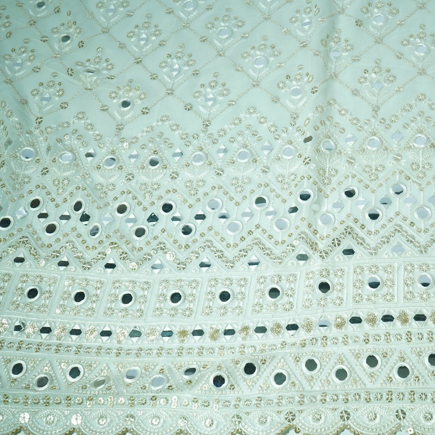 White Geometrical Sequins Embroidery Georgette Dyeable Fabric