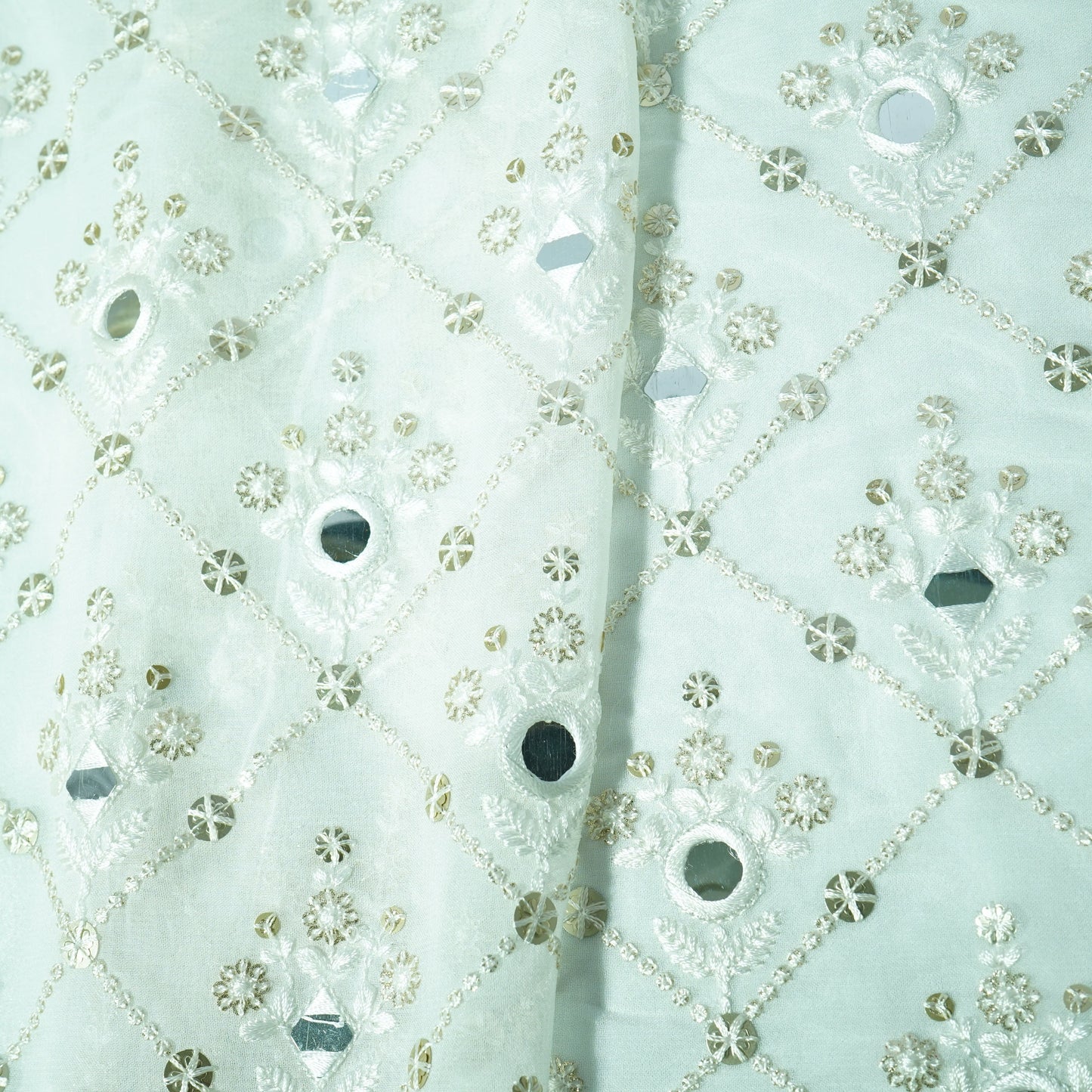 White Geometrical Sequins Embroidery Georgette Dyeable Fabric