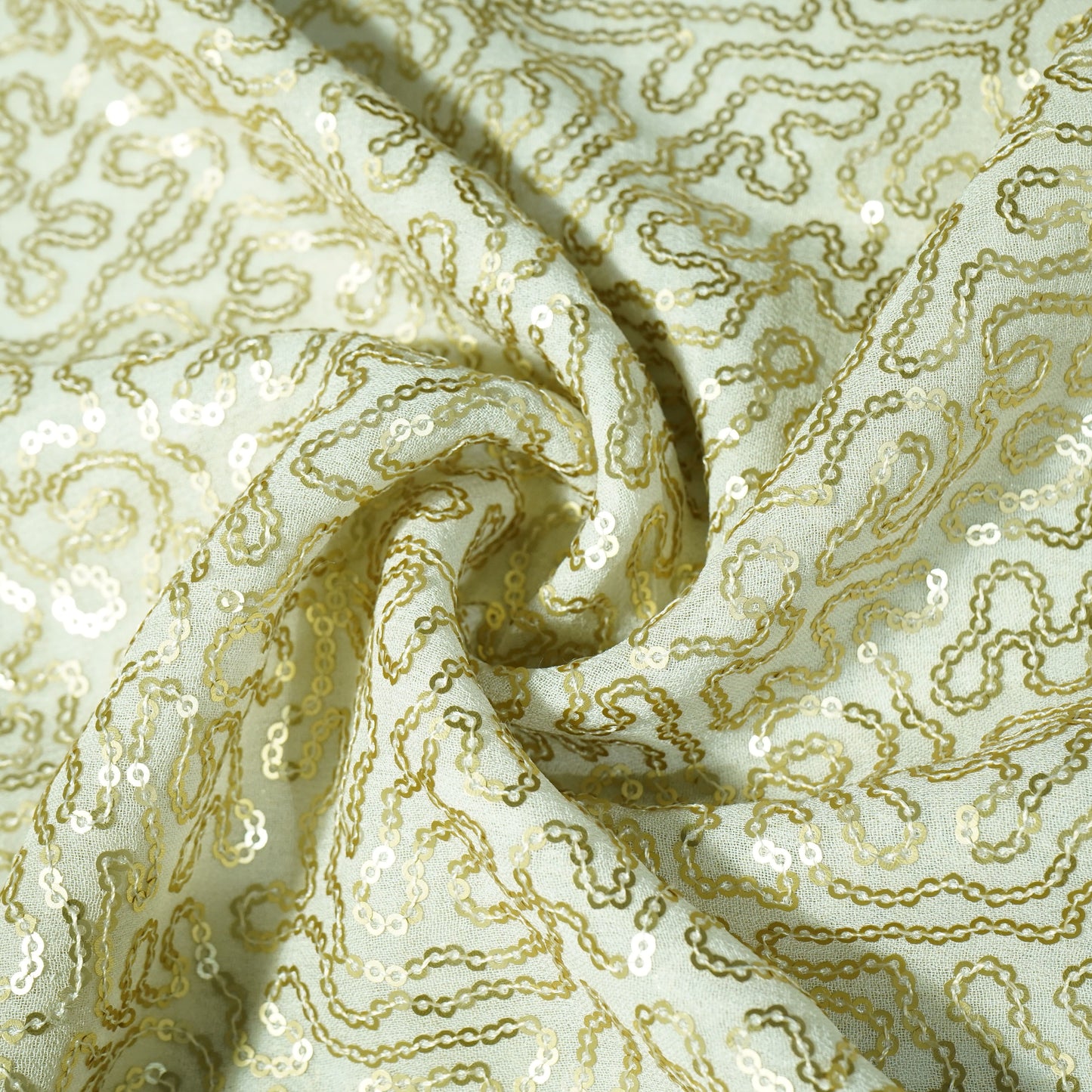 White Heavy Work Gold Sequence Dyeable Georgette Fabric