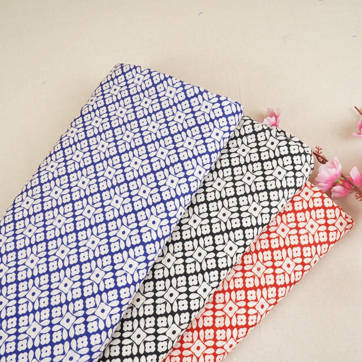 Red with Cream Floral Print Muslin Fabric MT-29389