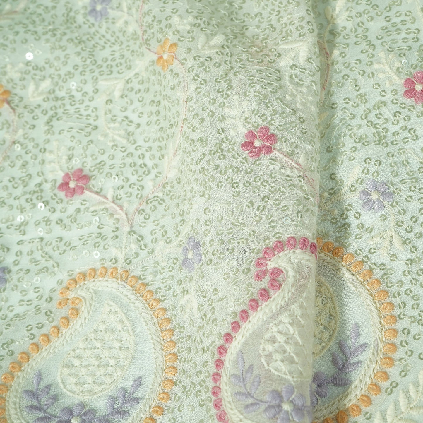 Classic White Floral Chikankari Work Dyeable Georgette Fabric