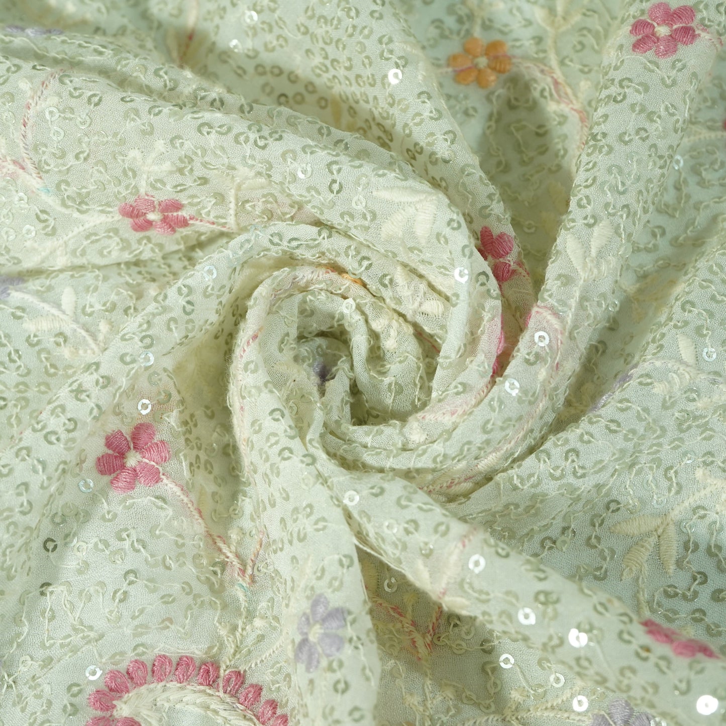 Classic White Floral Chikankari Work Dyeable Georgette Fabric